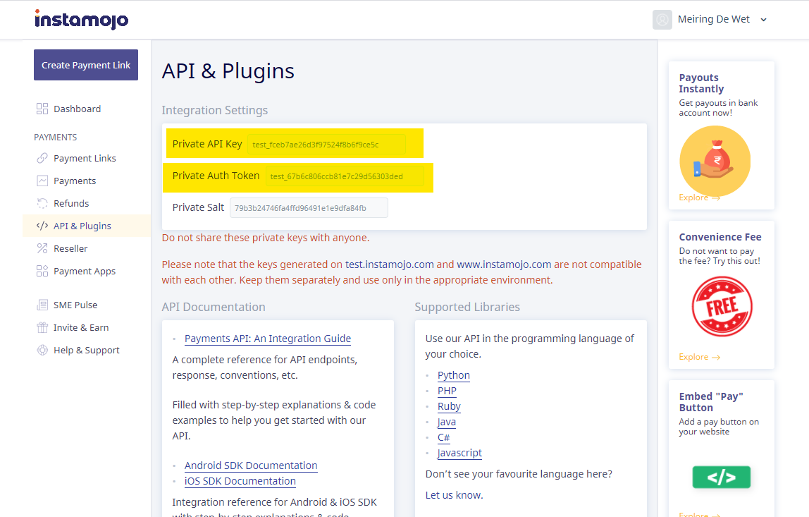 Finding your Instamojo api key
