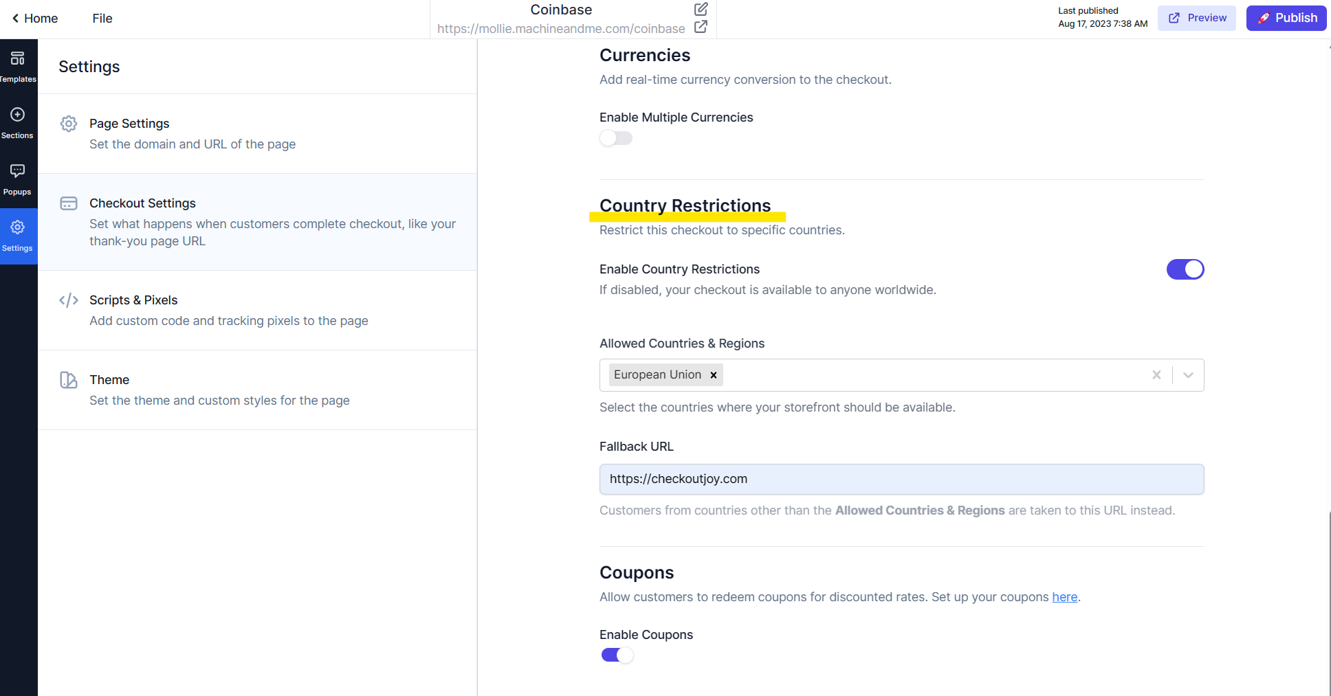 Restricting checkouts to certain countries